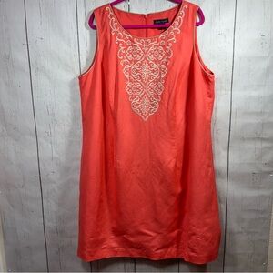Jessica Howard Embroidered Sleeveless Shift Dress Coral Linen Blend Resortwear